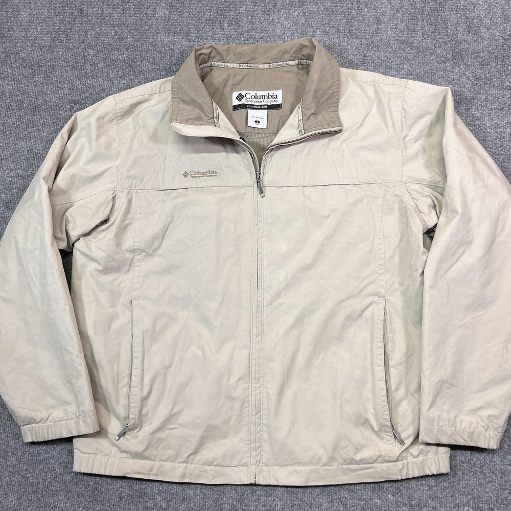 Columbia Jacket Mens Large Beige Windbreaker Full Zip Lined Pockets Outdoor